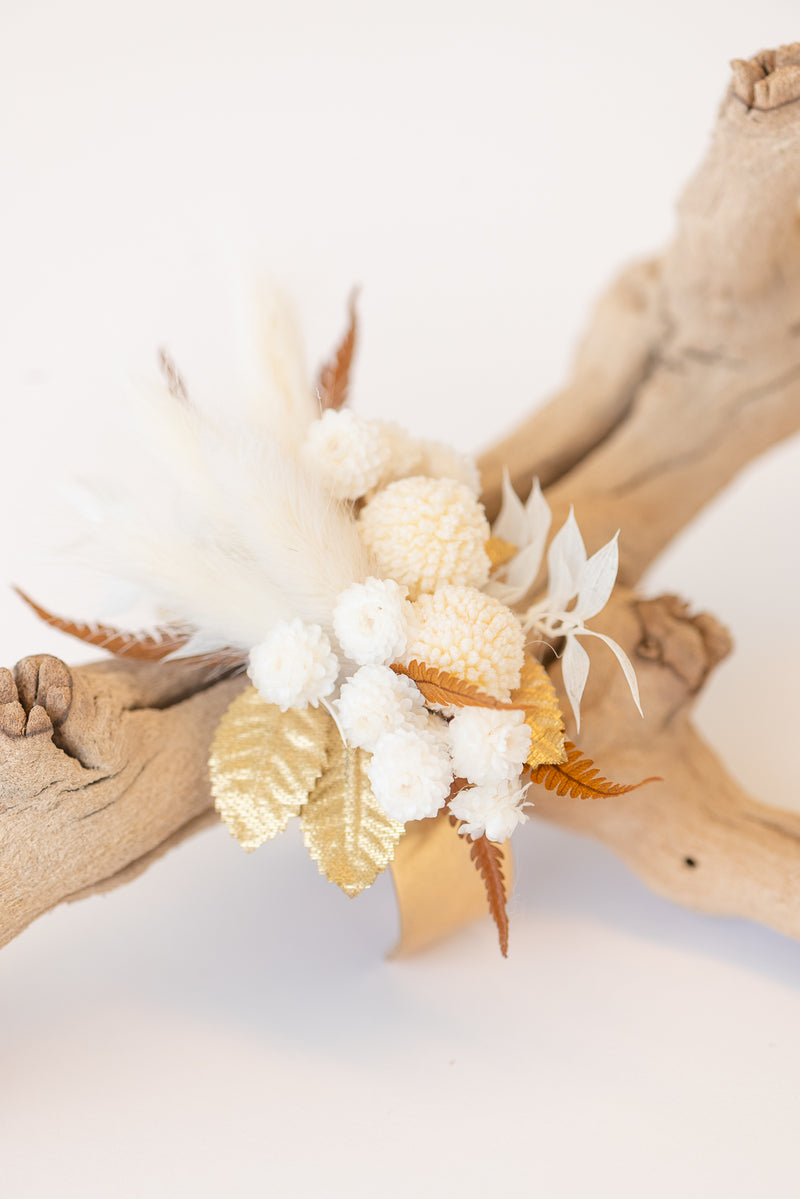 White and Bronze Floral Wrist Corsage