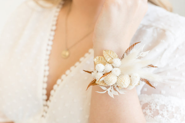 White and Bronze Floral Wrist Corsage