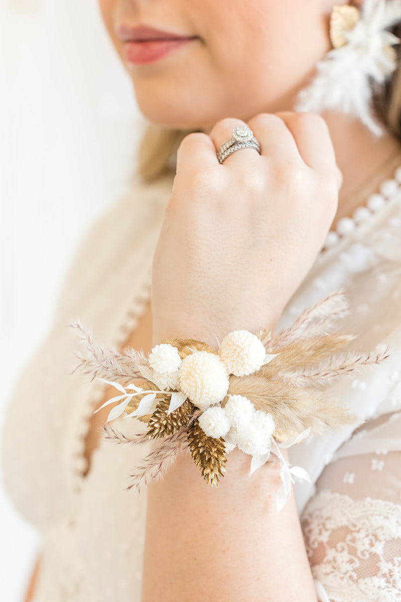 White and Gold Floral Wrist Corsage