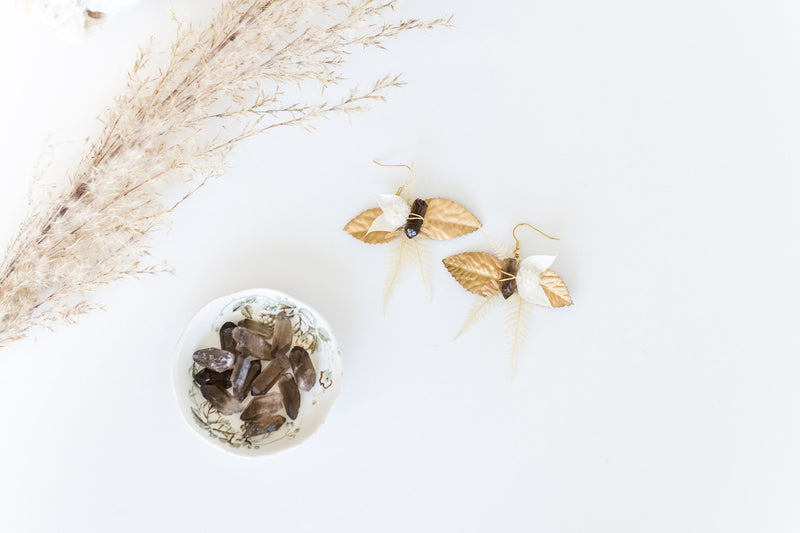 Smoky Quartz Dangle Floral Earrings Gold/White