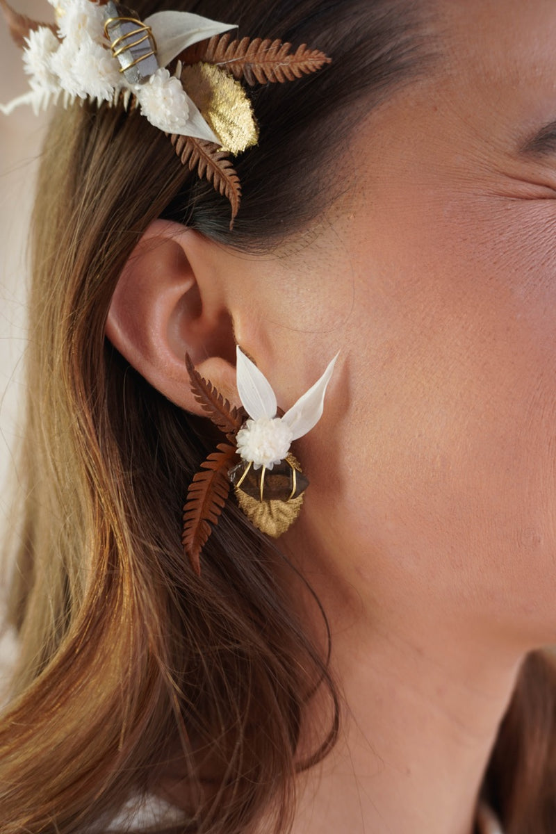 Smoky Quartz Post Floral Earrings Gold/Bronze
